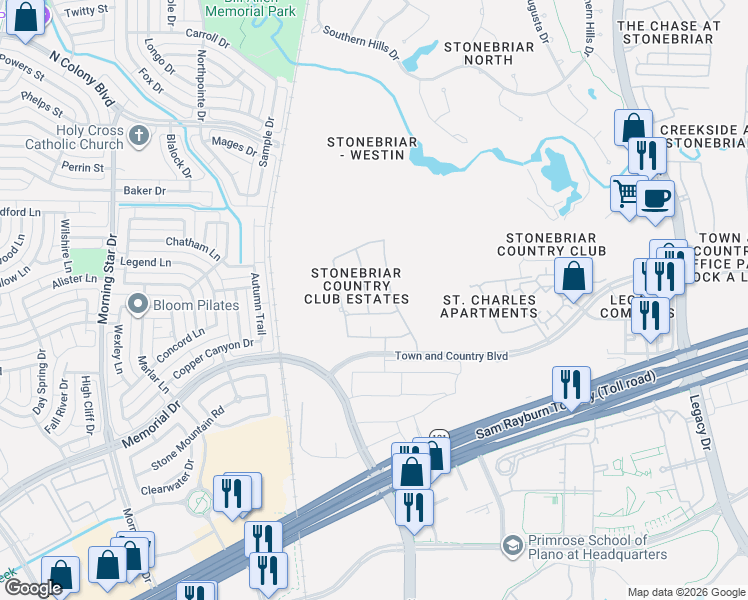 map of restaurants, bars, coffee shops, grocery stores, and more near 4597 Princess Caroline Court in Frisco