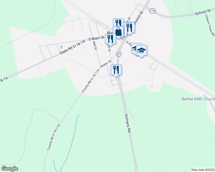 map of restaurants, bars, coffee shops, grocery stores, and more near 124 Maple Street in Ridgeville
