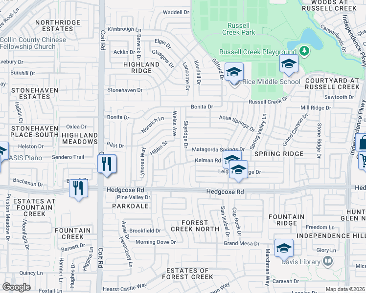 map of restaurants, bars, coffee shops, grocery stores, and more near 8108 Clayton Drive in Plano