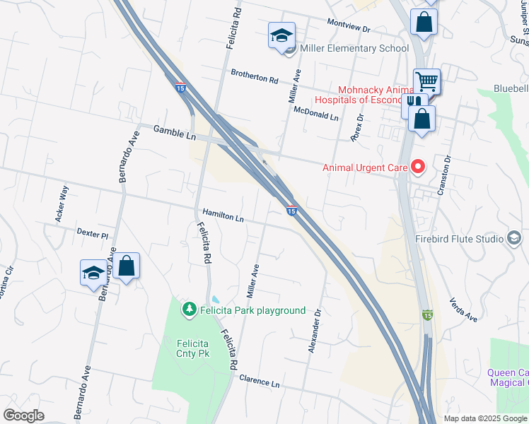 map of restaurants, bars, coffee shops, grocery stores, and more near 2345 Miller Avenue in Escondido