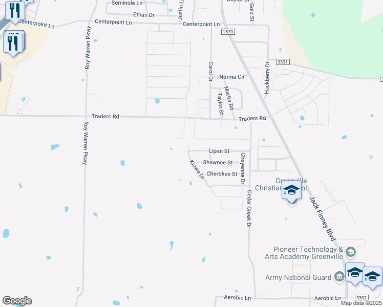 map of restaurants, bars, coffee shops, grocery stores, and more near 8801 Kiowa Drive in Greenville