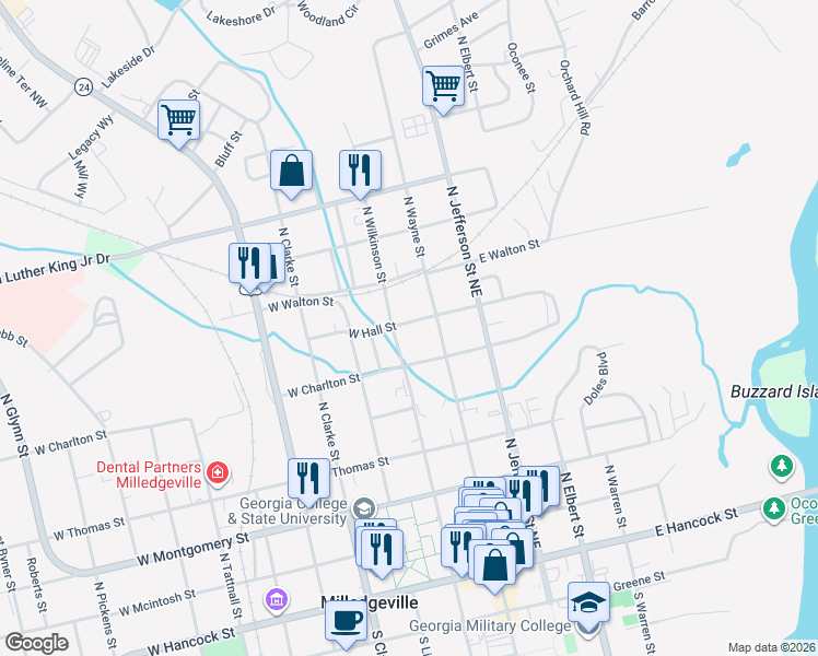 map of restaurants, bars, coffee shops, grocery stores, and more near 611 North Wilkinson Street in Milledgeville