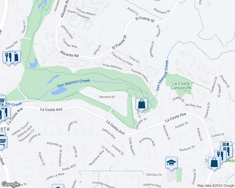 map of restaurants, bars, coffee shops, grocery stores, and more near 2552 Navarra Drive in Carlsbad