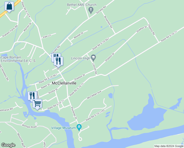 map of restaurants, bars, coffee shops, grocery stores, and more near 369 Drayton Street in McClellanville