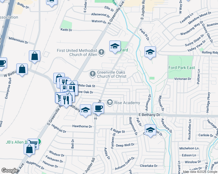 map of restaurants, bars, coffee shops, grocery stores, and more near 605 White Oak Street in Allen