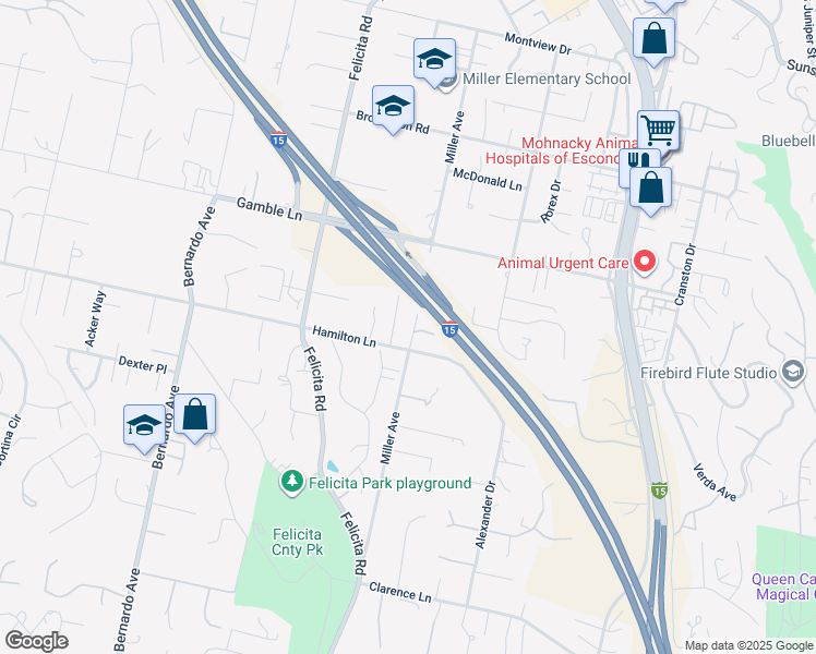 map of restaurants, bars, coffee shops, grocery stores, and more near 2345 Miller Avenue in Escondido
