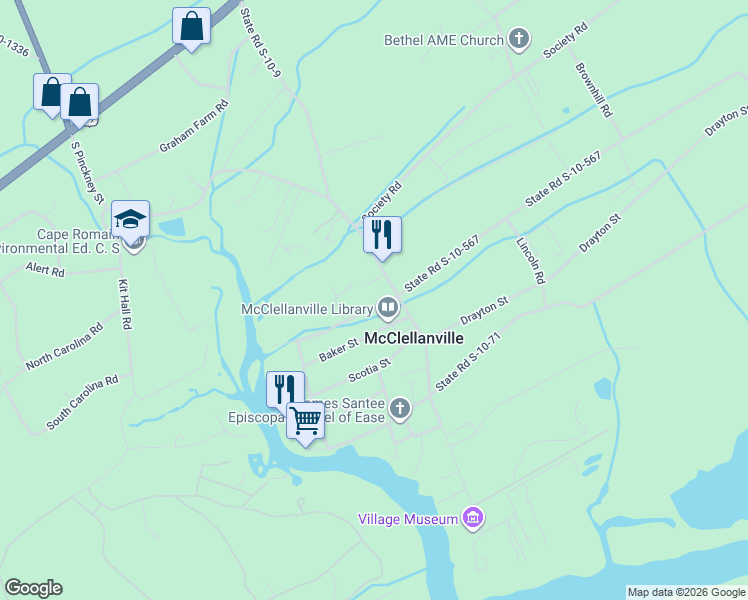 map of restaurants, bars, coffee shops, grocery stores, and more near 222 Baker Street in McClellanville