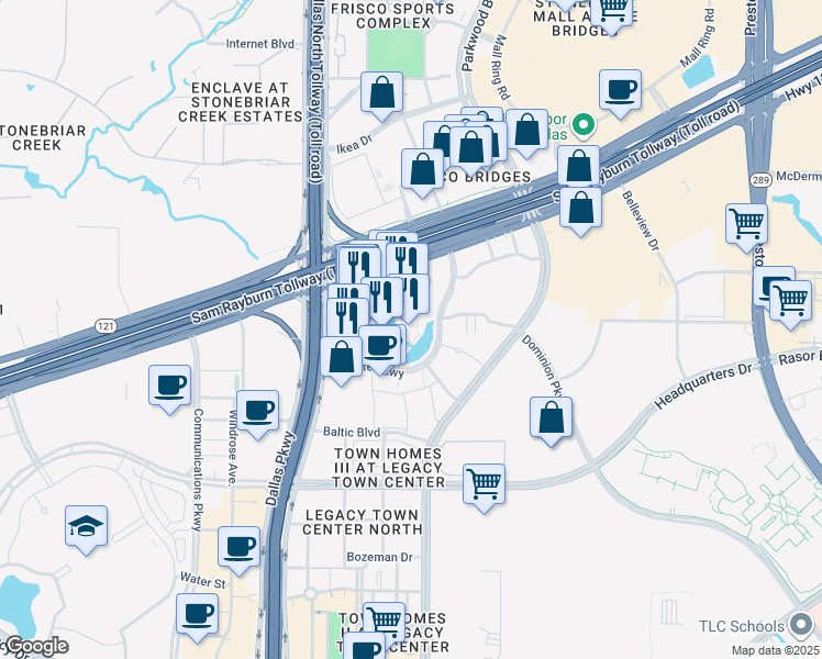 map of restaurants, bars, coffee shops, grocery stores, and more near 5601 Granite Parkway in Plano