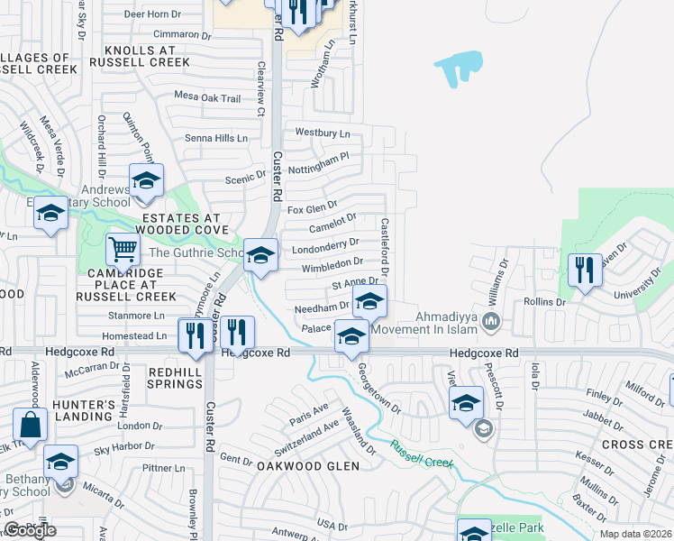 map of restaurants, bars, coffee shops, grocery stores, and more near 2025 Londonderry Drive in Allen