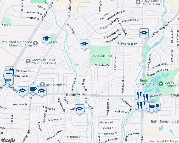 map of restaurants, bars, coffee shops, grocery stores, and more near 741 Whitman Drive in Allen