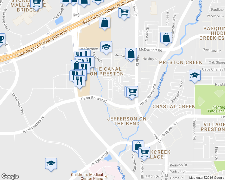 map of restaurants, bars, coffee shops, grocery stores, and more near 8201 Towne Main Drive in Plano
