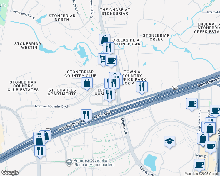 map of restaurants, bars, coffee shops, grocery stores, and more near 1415 Legacy Drive in Frisco