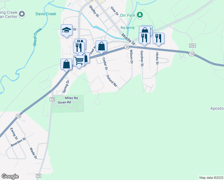 map of restaurants, bars, coffee shops, grocery stores, and more near 430 Canterbury Road in Montevallo
