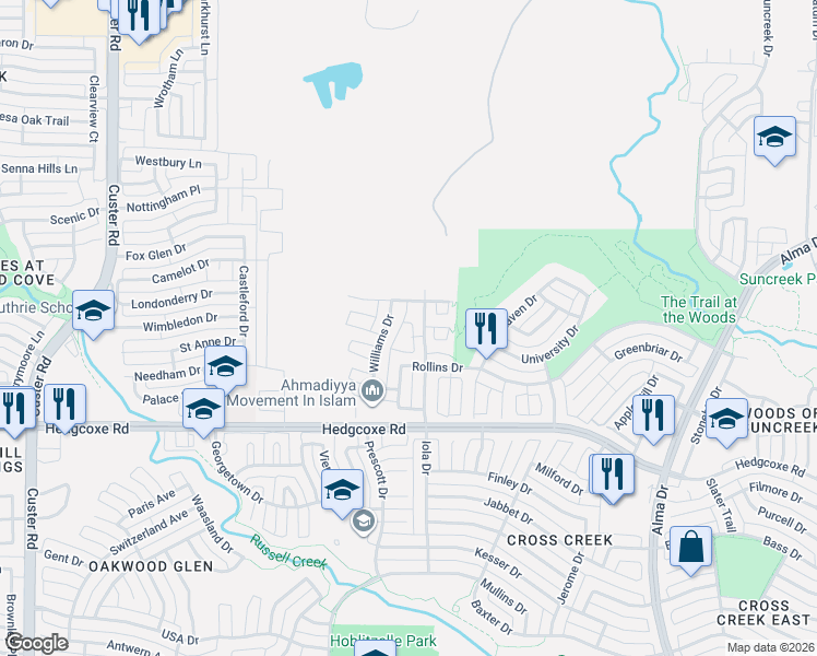 map of restaurants, bars, coffee shops, grocery stores, and more near 600 Longwood Drive in Allen