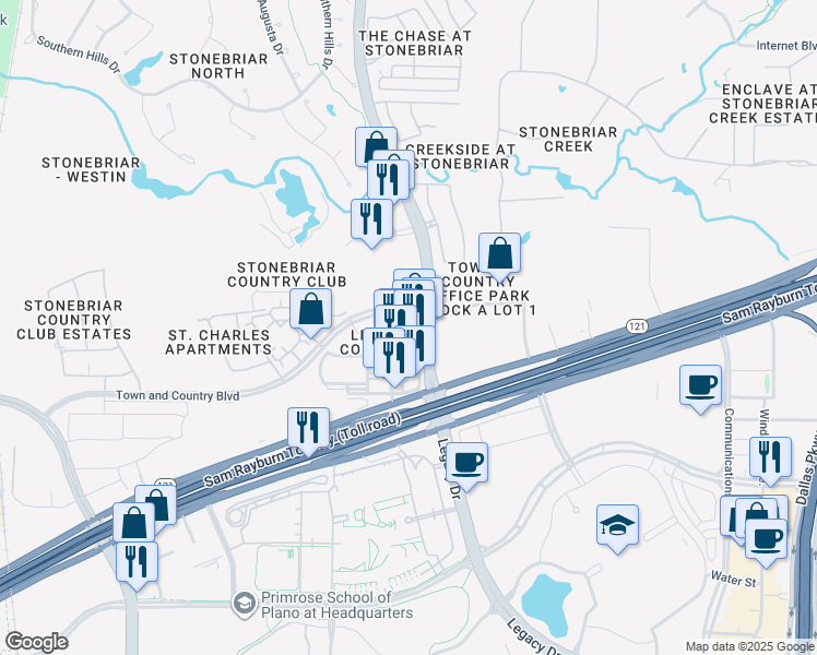map of restaurants, bars, coffee shops, grocery stores, and more near 1415 Legacy Drive in Frisco