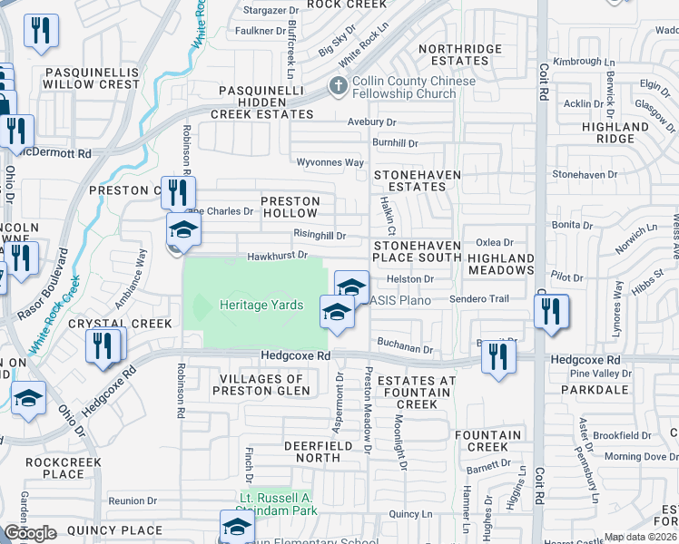 map of restaurants, bars, coffee shops, grocery stores, and more near 4515 Hawkhurst Drive in Plano