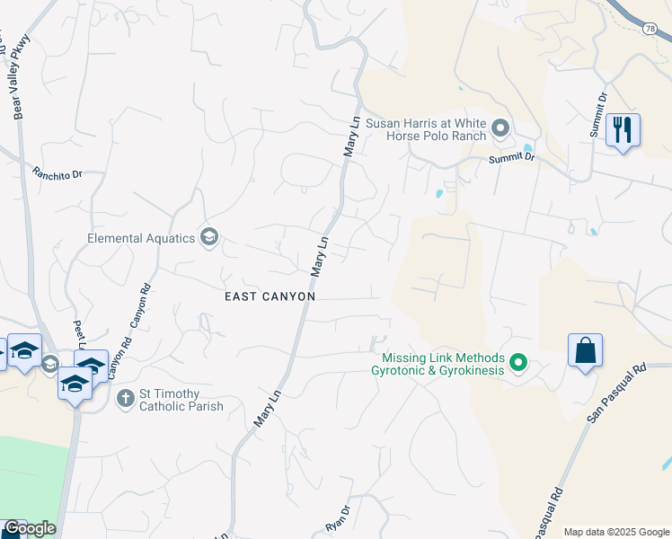map of restaurants, bars, coffee shops, grocery stores, and more near 2894 Glenview Way in Escondido