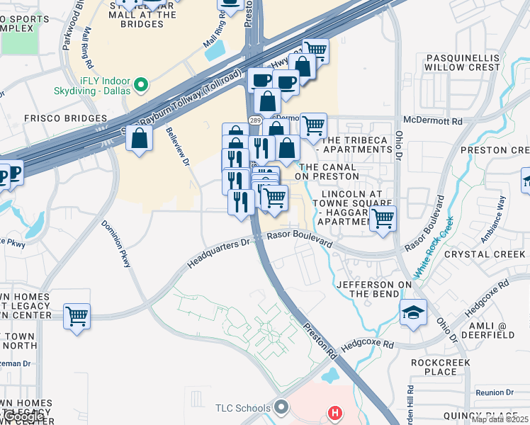 map of restaurants, bars, coffee shops, grocery stores, and more near 8240 Preston Road in Plano