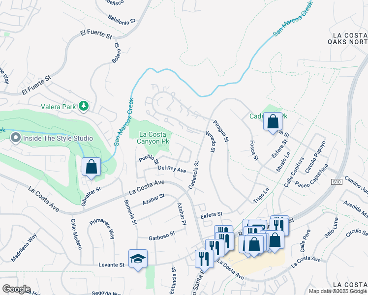map of restaurants, bars, coffee shops, grocery stores, and more near 7400 Brava Street in Carlsbad