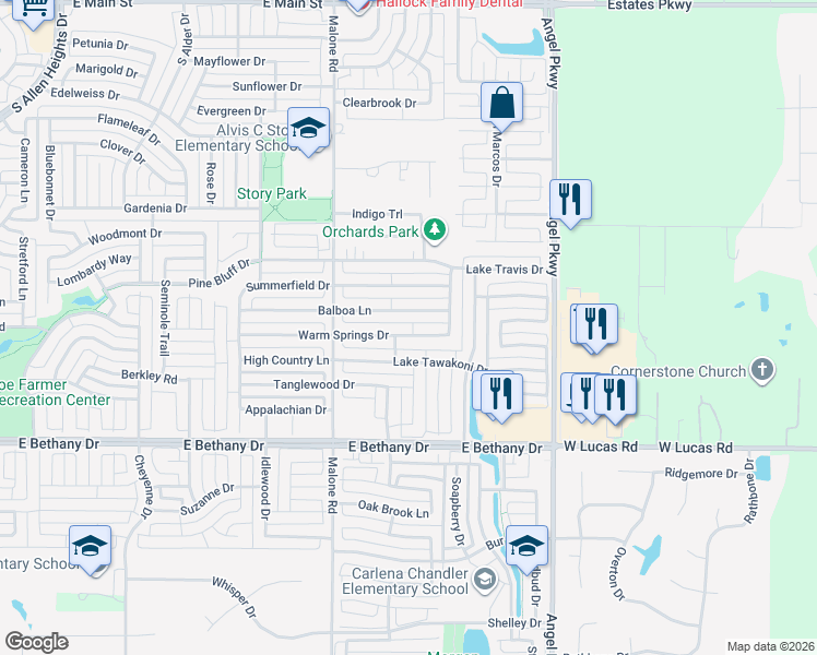 map of restaurants, bars, coffee shops, grocery stores, and more near 1627 Warm Springs Drive in Allen