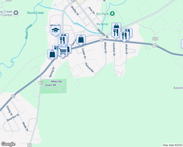 map of restaurants, bars, coffee shops, grocery stores, and more near 171 Oxford Road in Montevallo