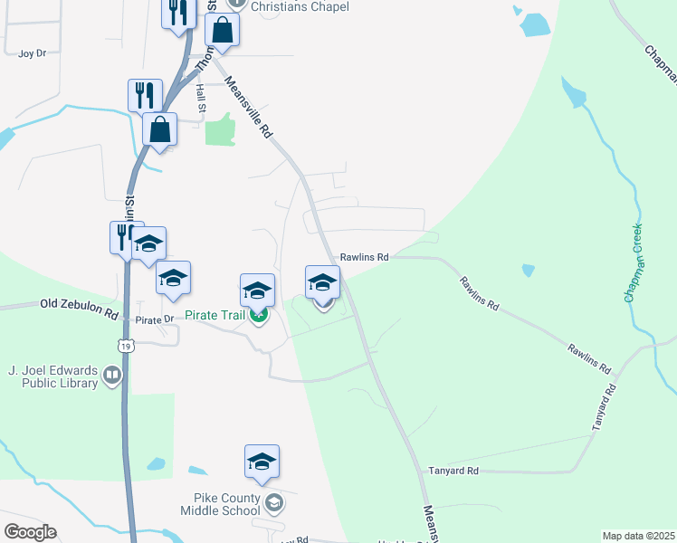 map of restaurants, bars, coffee shops, grocery stores, and more near 654 Meansville Road in Zebulon