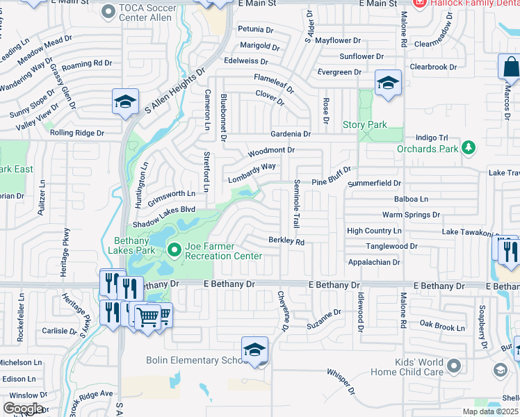 map of restaurants, bars, coffee shops, grocery stores, and more near 1415 Bethany Creek Boulevard in Allen