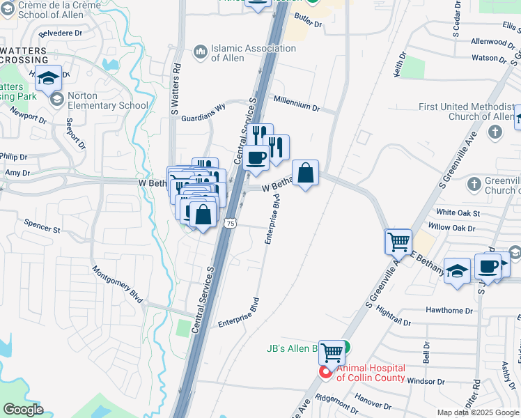 map of restaurants, bars, coffee shops, grocery stores, and more near 805 Central Expressway South in Allen