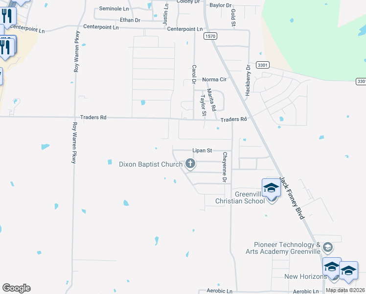 map of restaurants, bars, coffee shops, grocery stores, and more near 148 Lipan St in Greenville