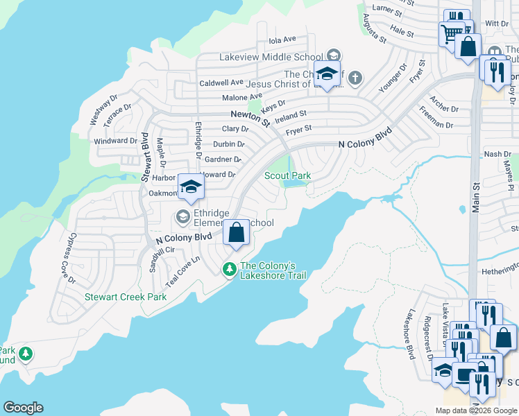 map of restaurants, bars, coffee shops, grocery stores, and more near 8 James Circle in The Colony