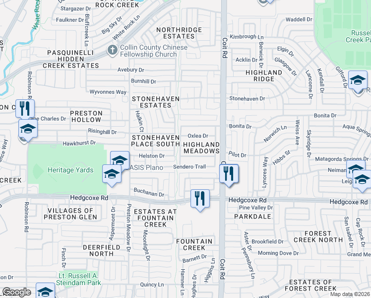 map of restaurants, bars, coffee shops, grocery stores, and more near 4301 Hawkhurst Drive in Plano
