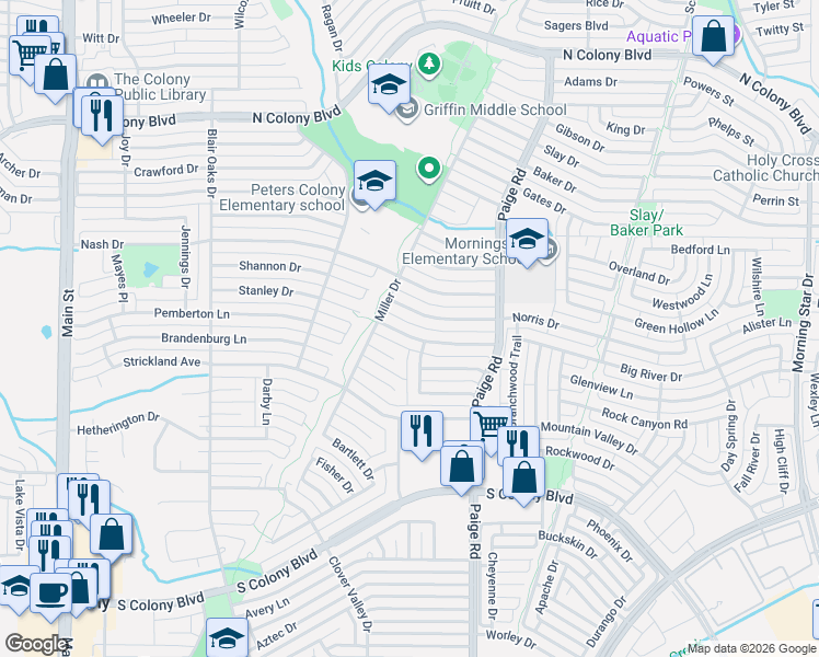 map of restaurants, bars, coffee shops, grocery stores, and more near 5220 Norris Drive in The Colony