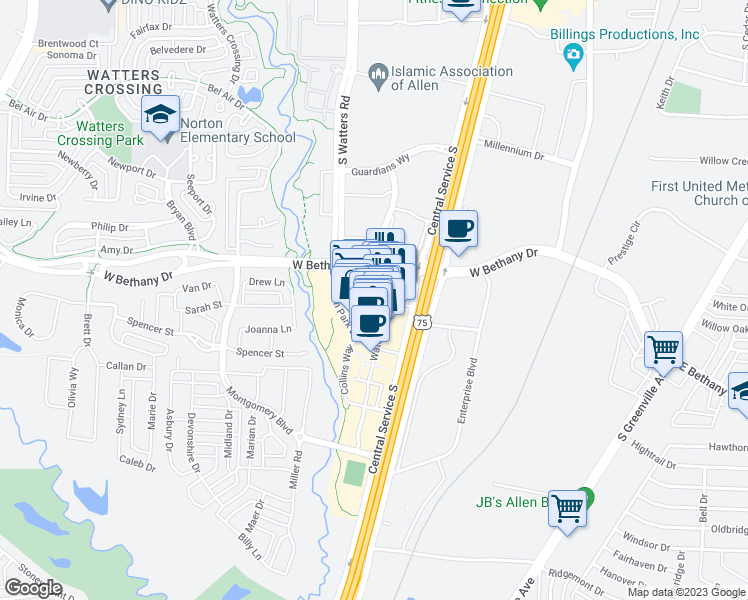 map of restaurants, bars, coffee shops, grocery stores, and more near 930 Village Green Drive in Allen