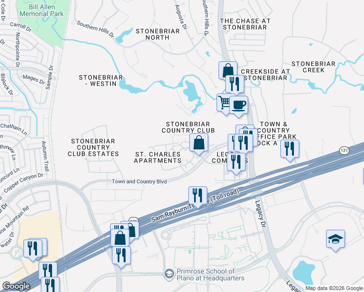 map of restaurants, bars, coffee shops, grocery stores, and more near 5088-5098 Country Club Dr in Frisco