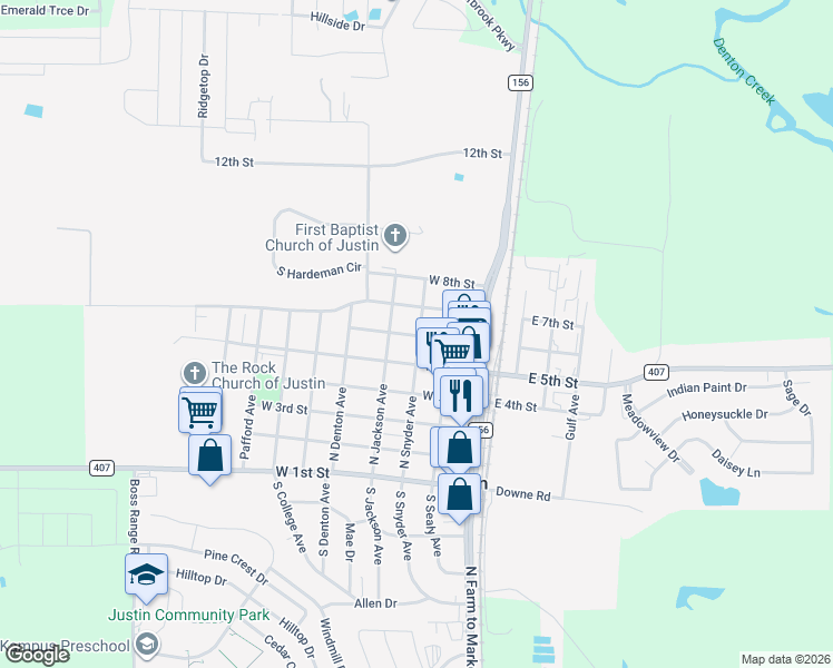 map of restaurants, bars, coffee shops, grocery stores, and more near 605 North Snyder Avenue in Justin
