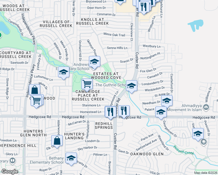 map of restaurants, bars, coffee shops, grocery stores, and more near 2229 New College Lane in Plano
