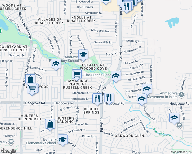map of restaurants, bars, coffee shops, grocery stores, and more near 2229 New College Lane in Plano