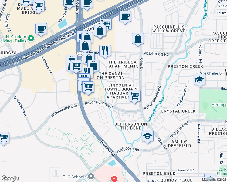 map of restaurants, bars, coffee shops, grocery stores, and more near 8201 Towne Main Drive in Plano