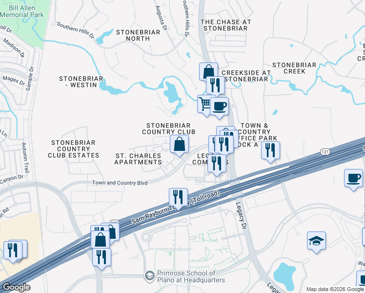 map of restaurants, bars, coffee shops, grocery stores, and more near 5270 Town and Country Boulevard in Frisco