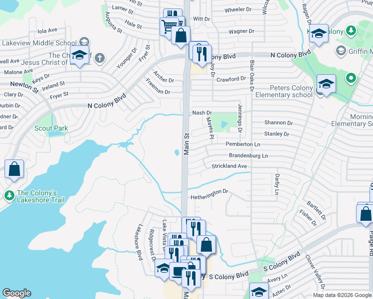 map of restaurants, bars, coffee shops, grocery stores, and more near Farm to Market 423 in The Colony