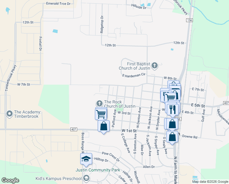 map of restaurants, bars, coffee shops, grocery stores, and more near 520 Leuty Avenue in Justin