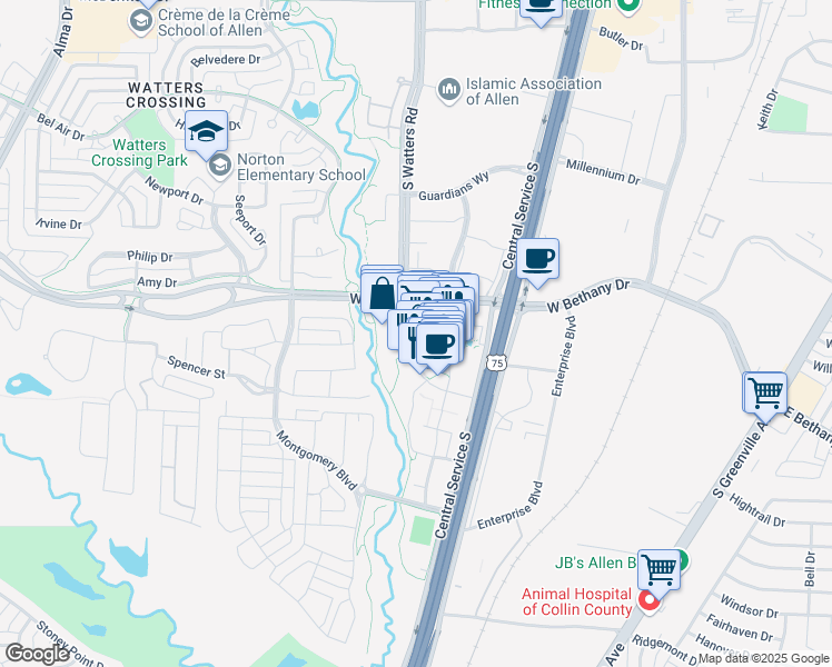 map of restaurants, bars, coffee shops, grocery stores, and more near 981 Garden Park Drive in Allen