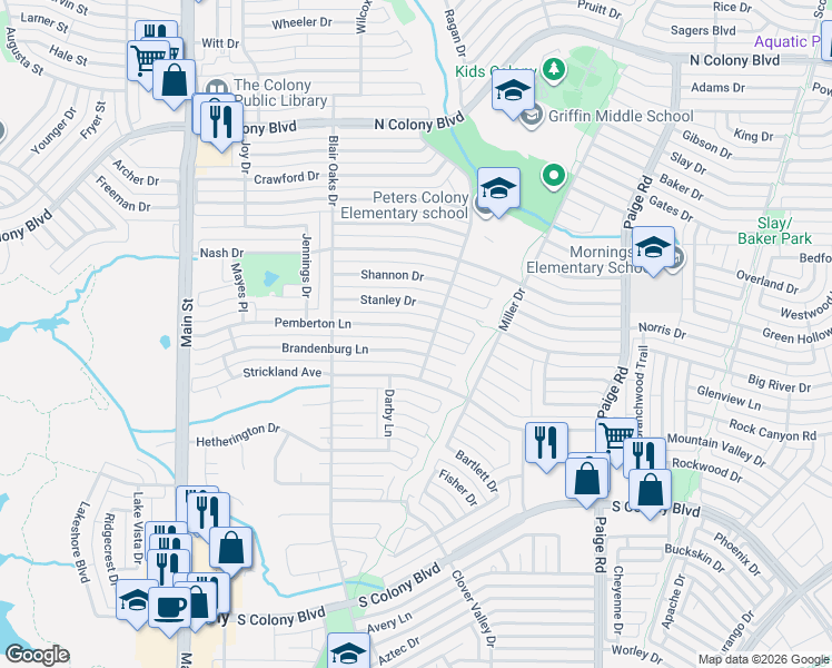 map of restaurants, bars, coffee shops, grocery stores, and more near 5061 Pemberton Lane in The Colony