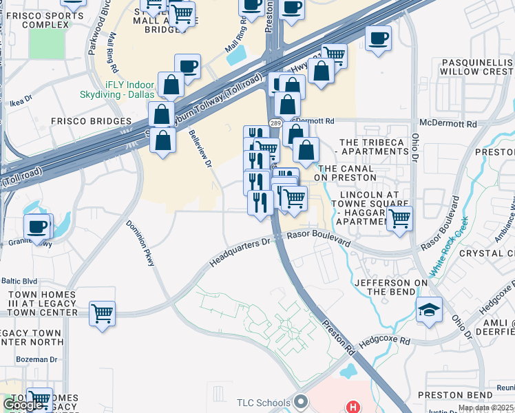 map of restaurants, bars, coffee shops, grocery stores, and more near 8245 Preston Road in Plano