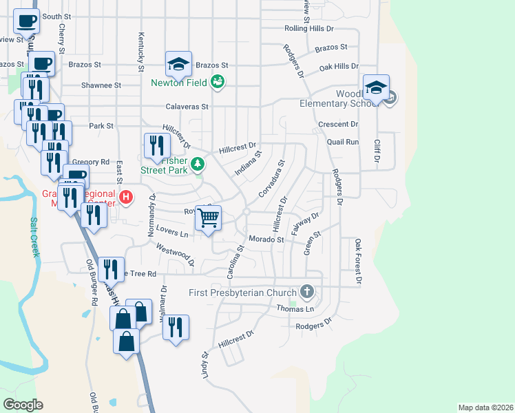 map of restaurants, bars, coffee shops, grocery stores, and more near 1355 Corvadura Street in Graham