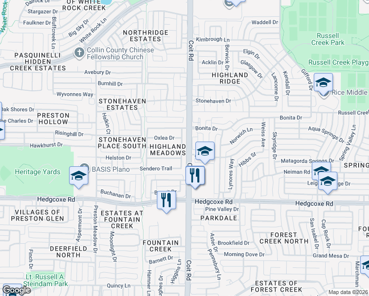 map of restaurants, bars, coffee shops, grocery stores, and more near 4009 Guthrie Drive in Plano