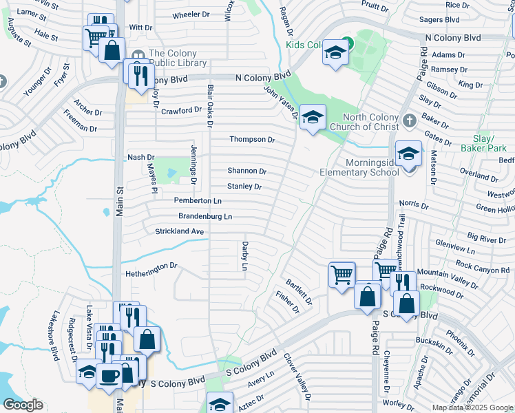 map of restaurants, bars, coffee shops, grocery stores, and more near 5061 Pemberton Lane in The Colony