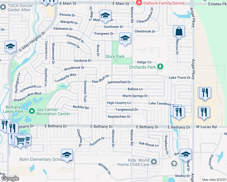 map of restaurants, bars, coffee shops, grocery stores, and more near 1506 Balboa Lane in Allen