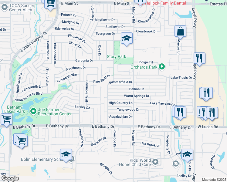 map of restaurants, bars, coffee shops, grocery stores, and more near 1506 Balboa Lane in Allen
