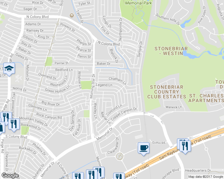 map of restaurants, bars, coffee shops, grocery stores, and more near 5836 Southmoor Lane in The Colony